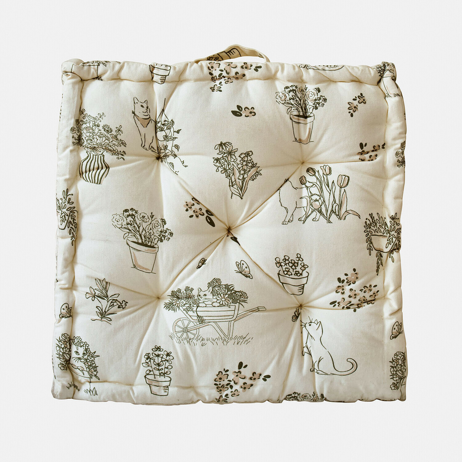 Coussin Orsélie Coussin carré en coton crème avec motifs de plantes et chats, confortable pour chaise et décoration intérieure