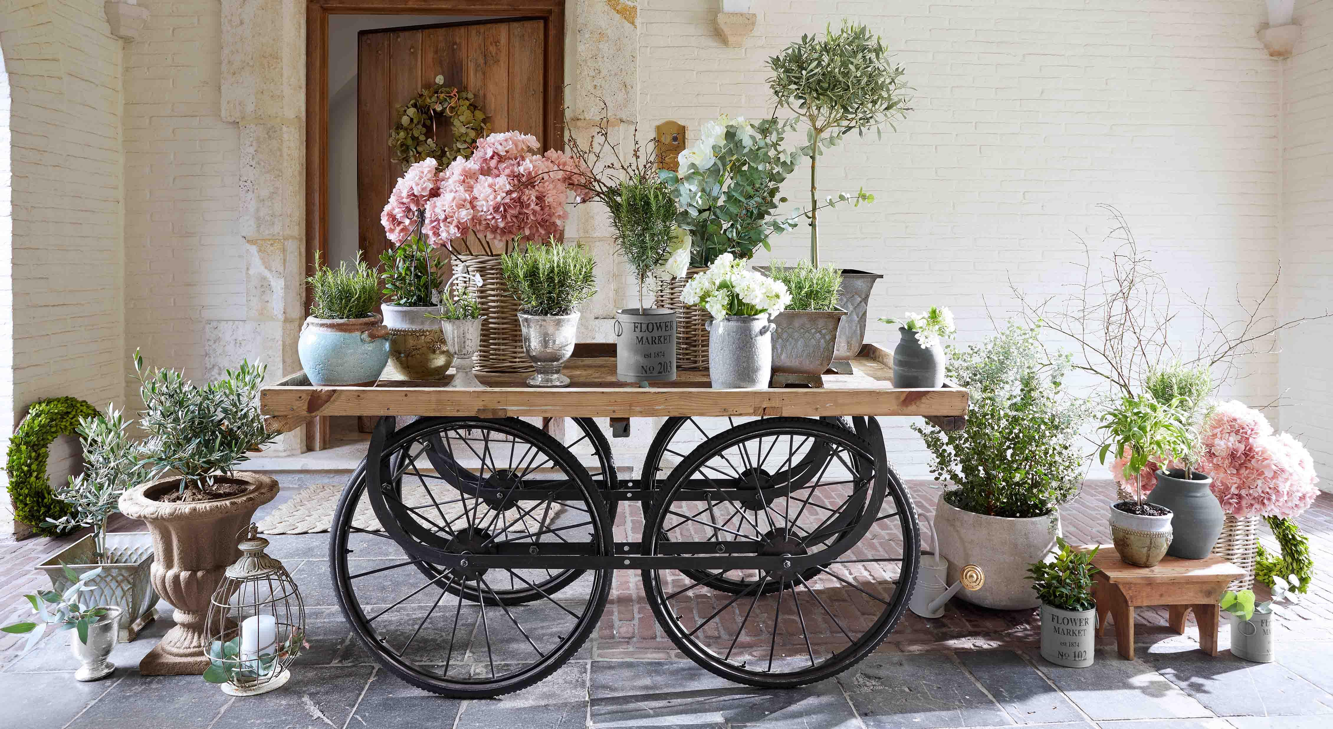 Chariot en bois avec grandes roues noires décoré de fleurs roses et blanches en pots variés