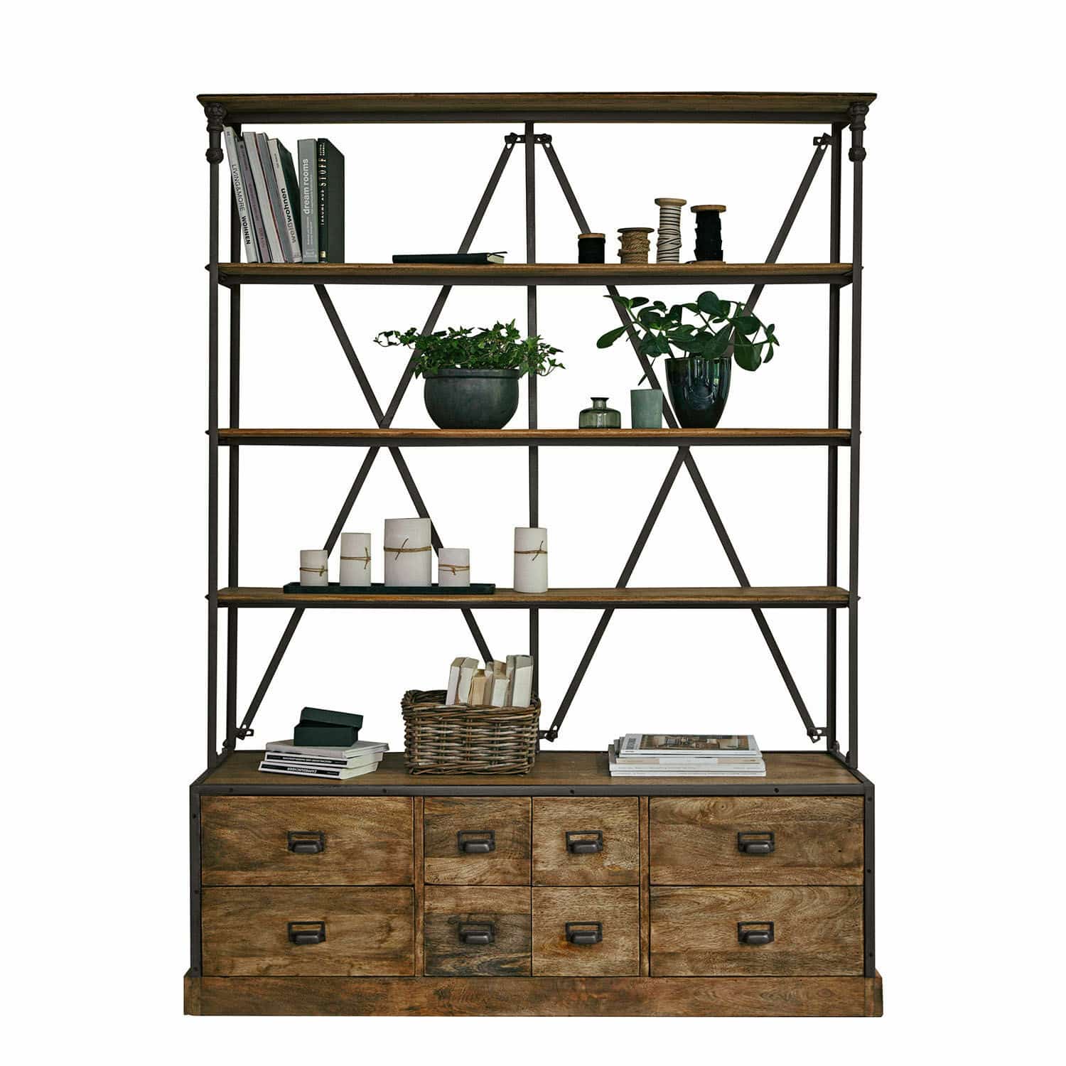 Étagère Lemuel Étagère en bois et métal marron avec tiroirs et étagères pour livres et décorations