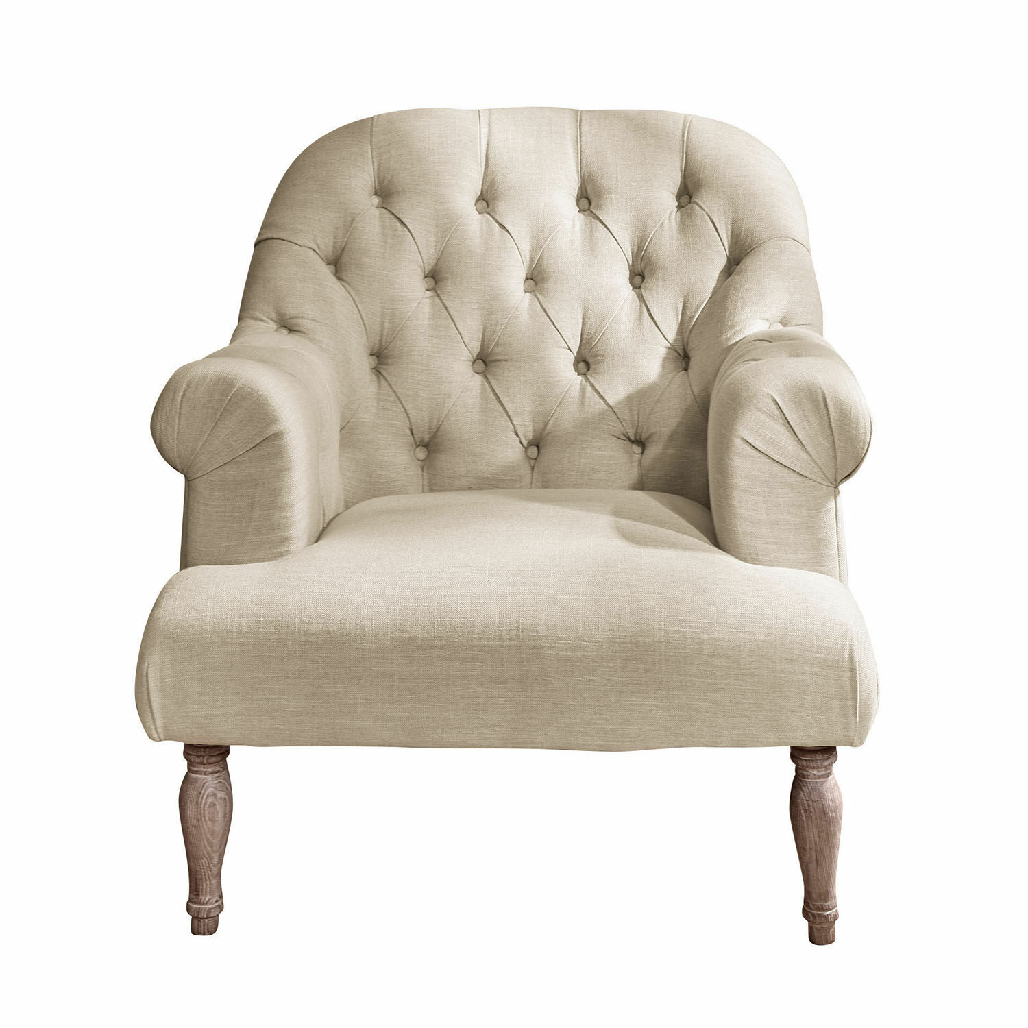lin Fauteuil Shambrook en lin beige avec dossier capitonné et pieds en bois, style vintage élégant