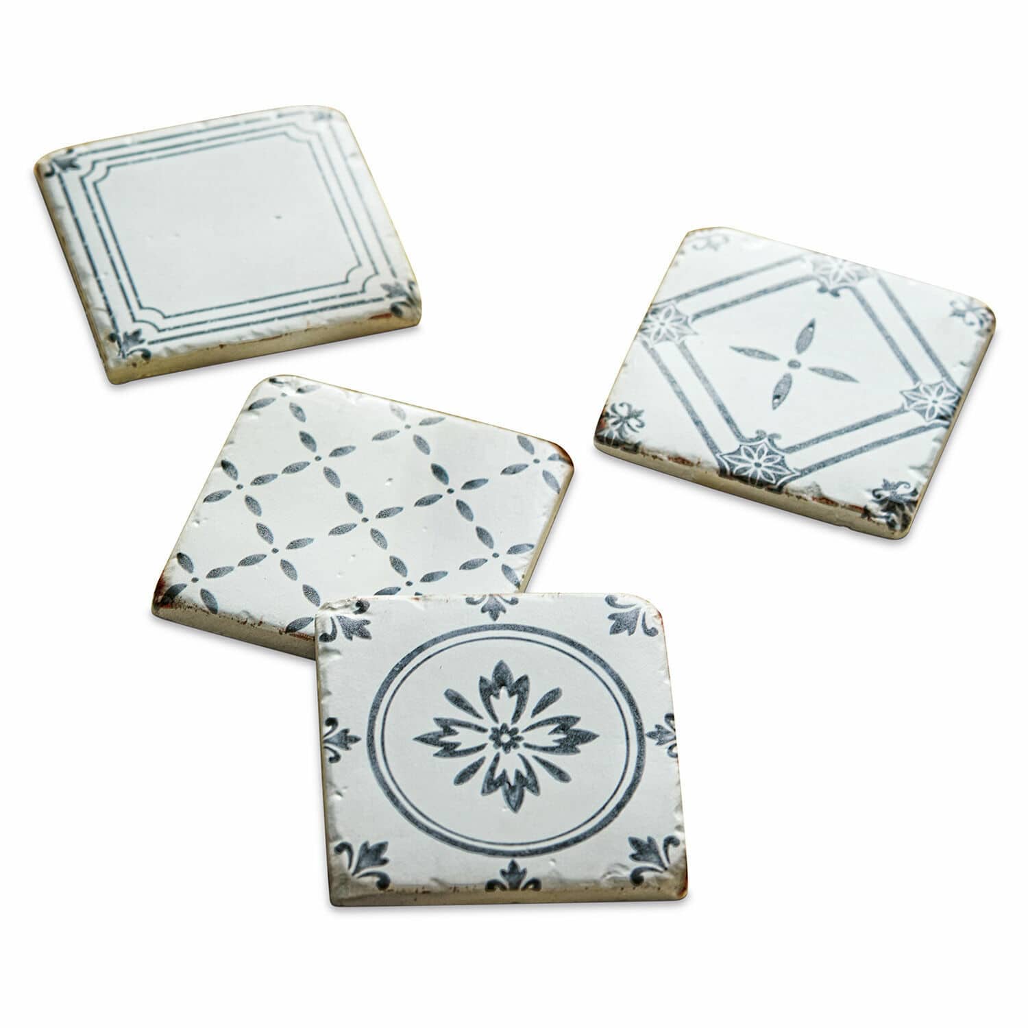 Lot de 4 dessous de verres Emma Dessous de verre en céramique blanche avec motifs floraux et géométriques noirs, accessoires déco maison