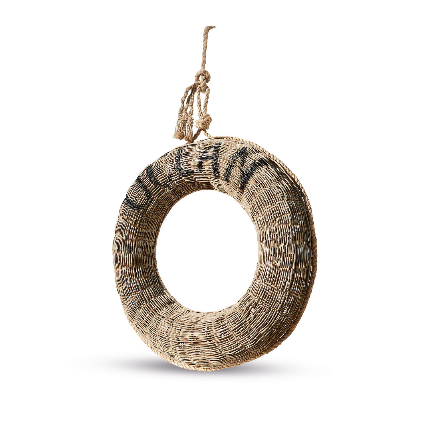 Bouée de sauvetage décorative Oceen Couronne ronde en osier naturel avec inscription noire, décoration murale suspendue pour intérieur