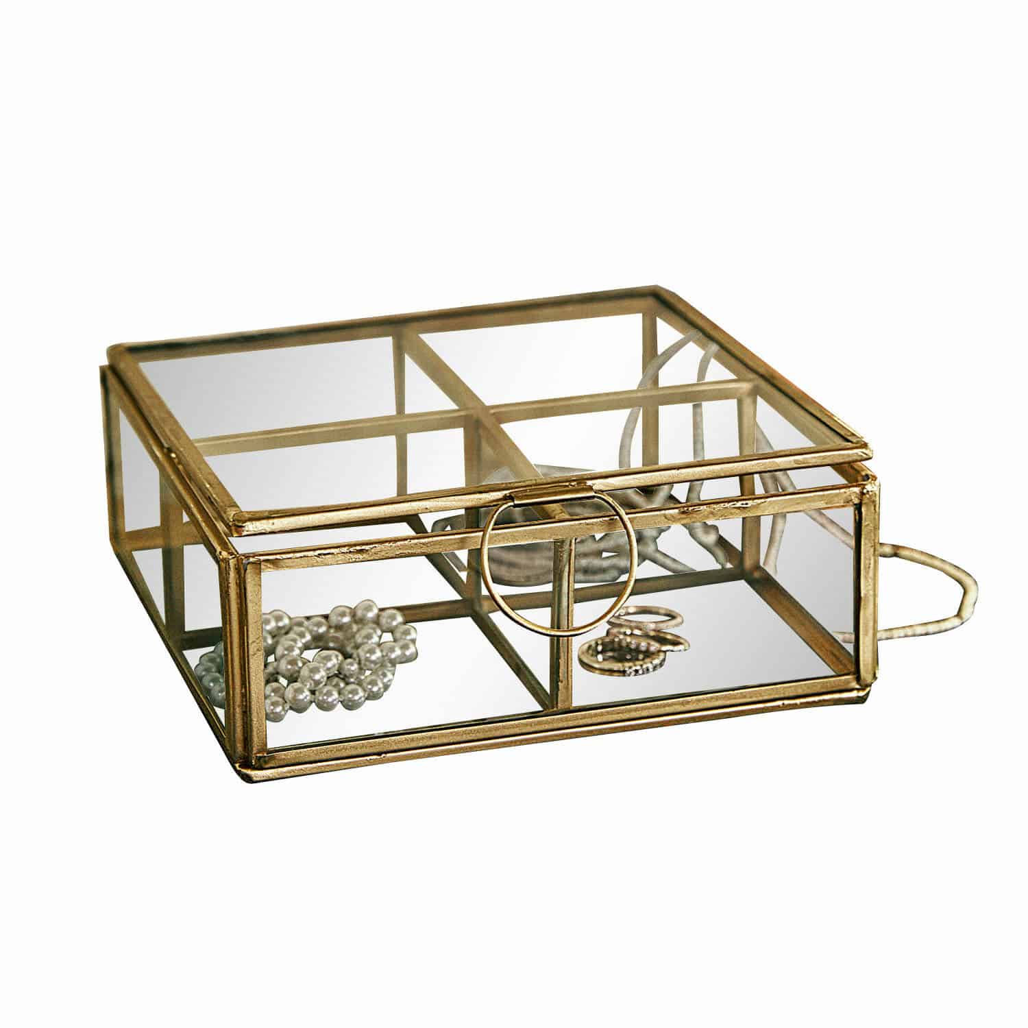 Boîte Moselle Boîte à bijoux en verre avec cadre métallique doré vieilli et compartiments pour accessoires