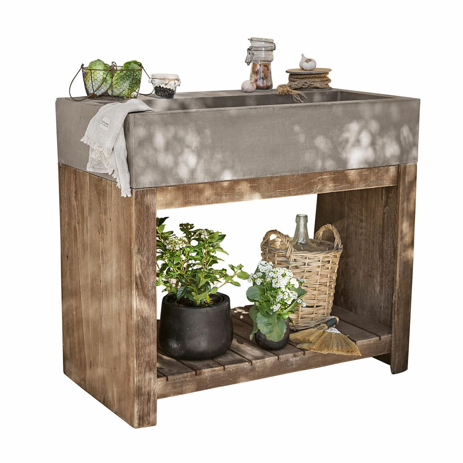 Meuble avec vasque Baines Table de jardin avec plateau en béton et base en bois naturel avec décorations florales