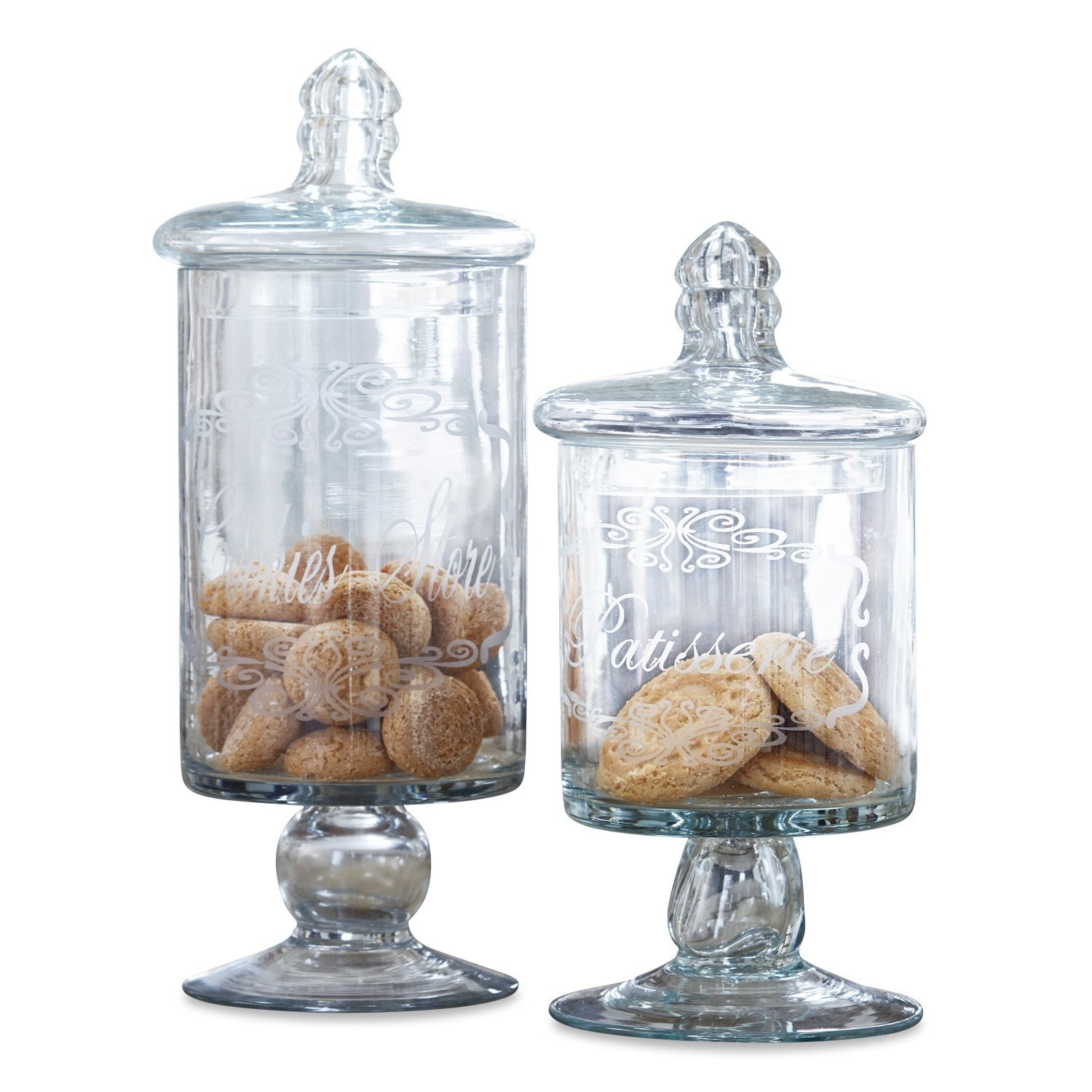 Lot de 2 bonbonnières Suzie Deux bocaux en verre transparent sur pied avec couvercles, remplis de biscuits, verre décoratif
