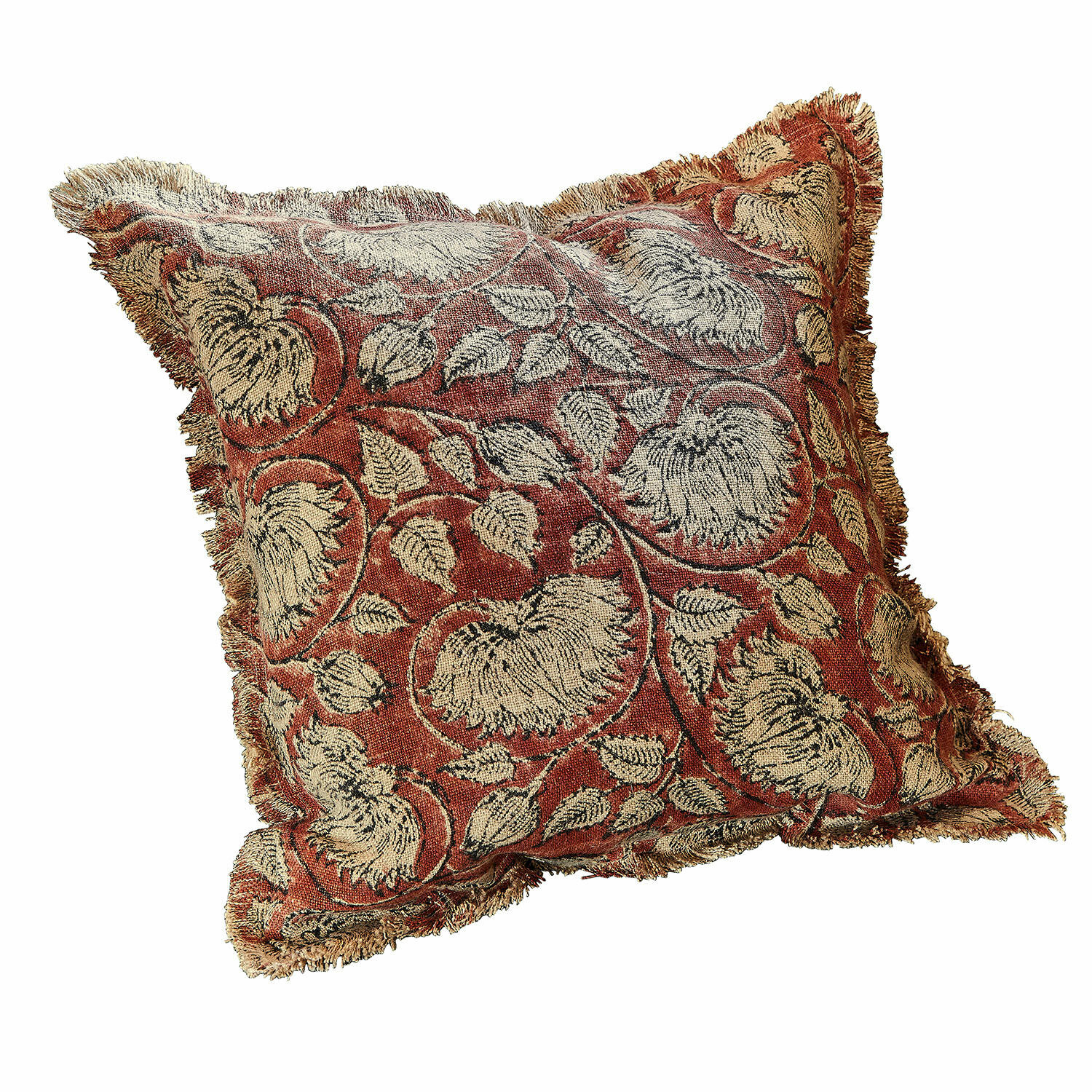 Housse de coussin Lemisto Coussin décoratif en tissu rouge et beige à motif floral avec franges, accessoire pour salon