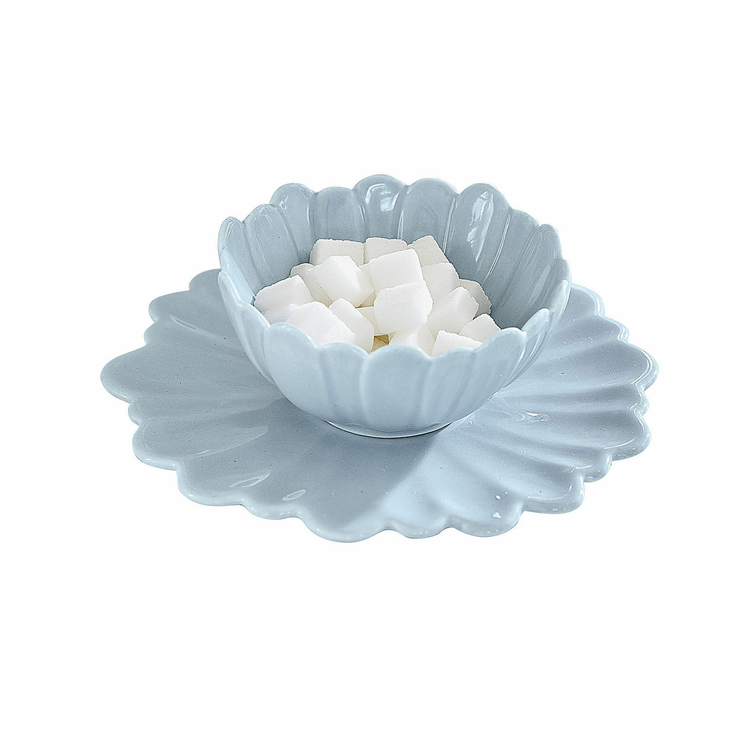 Assiette et bol Tichborne Bol et assiette en céramique bleue en forme de fleur avec morceaux de sucre, décoration de table