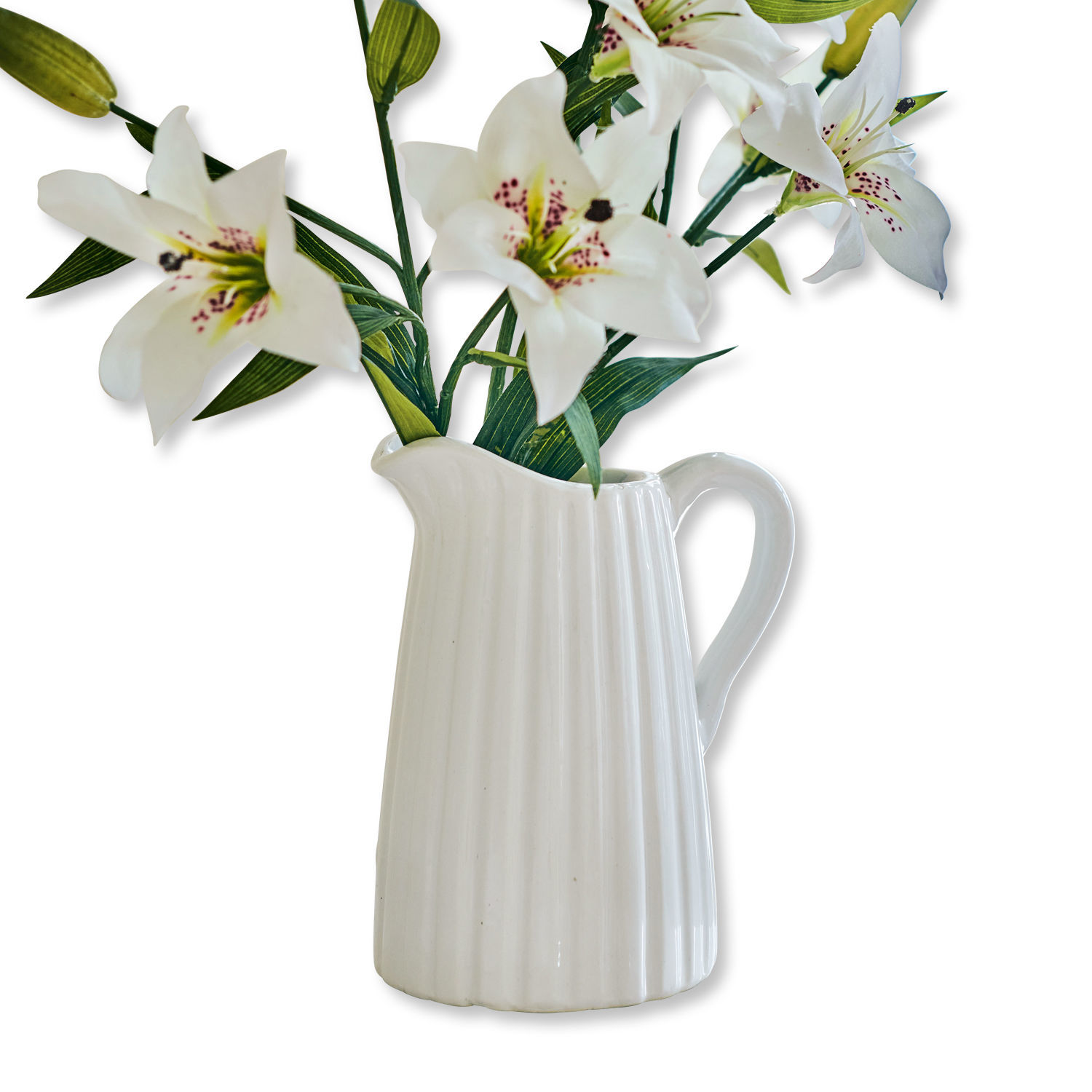 Pichet Belair Pichet en céramique blanche cannelée avec fleurs de lys, décoration élégante pour intérieur