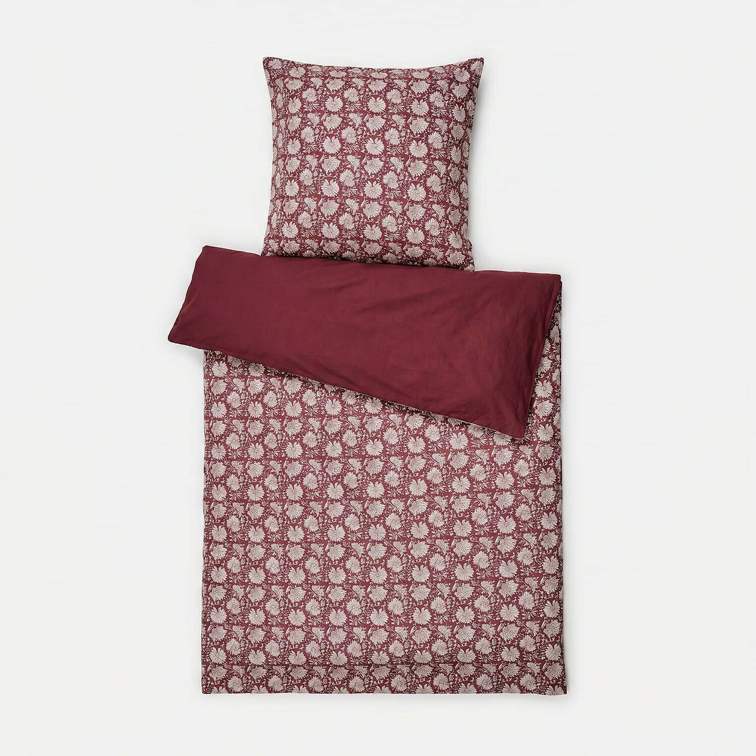 Parure de lit Jouvenay Parure de lit en coton bordeaux avec motif floral et verso uni, linge de maison confortable