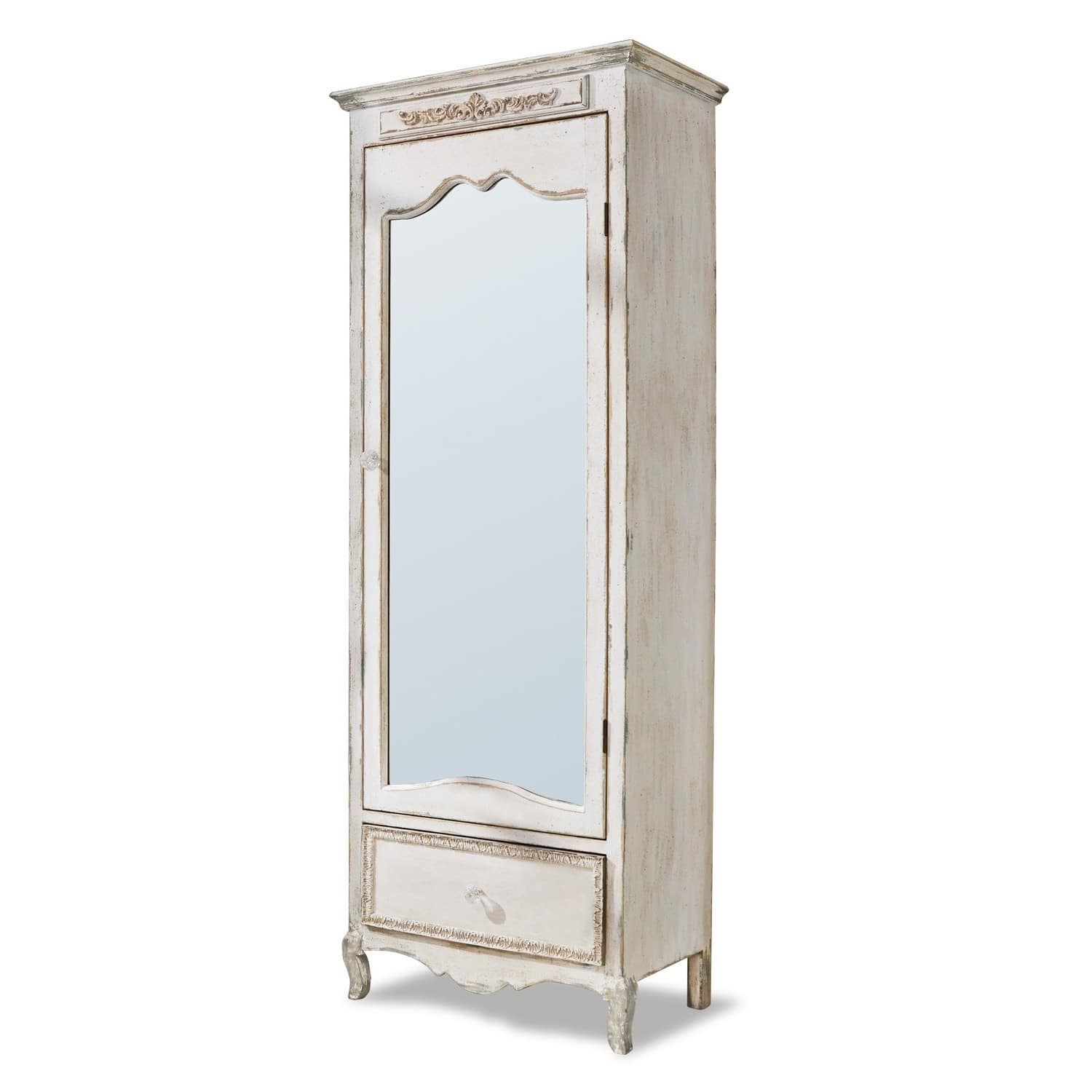 Armoire haute en bois blanc style vintage avec miroir et tiroir orné de détails décoratifs