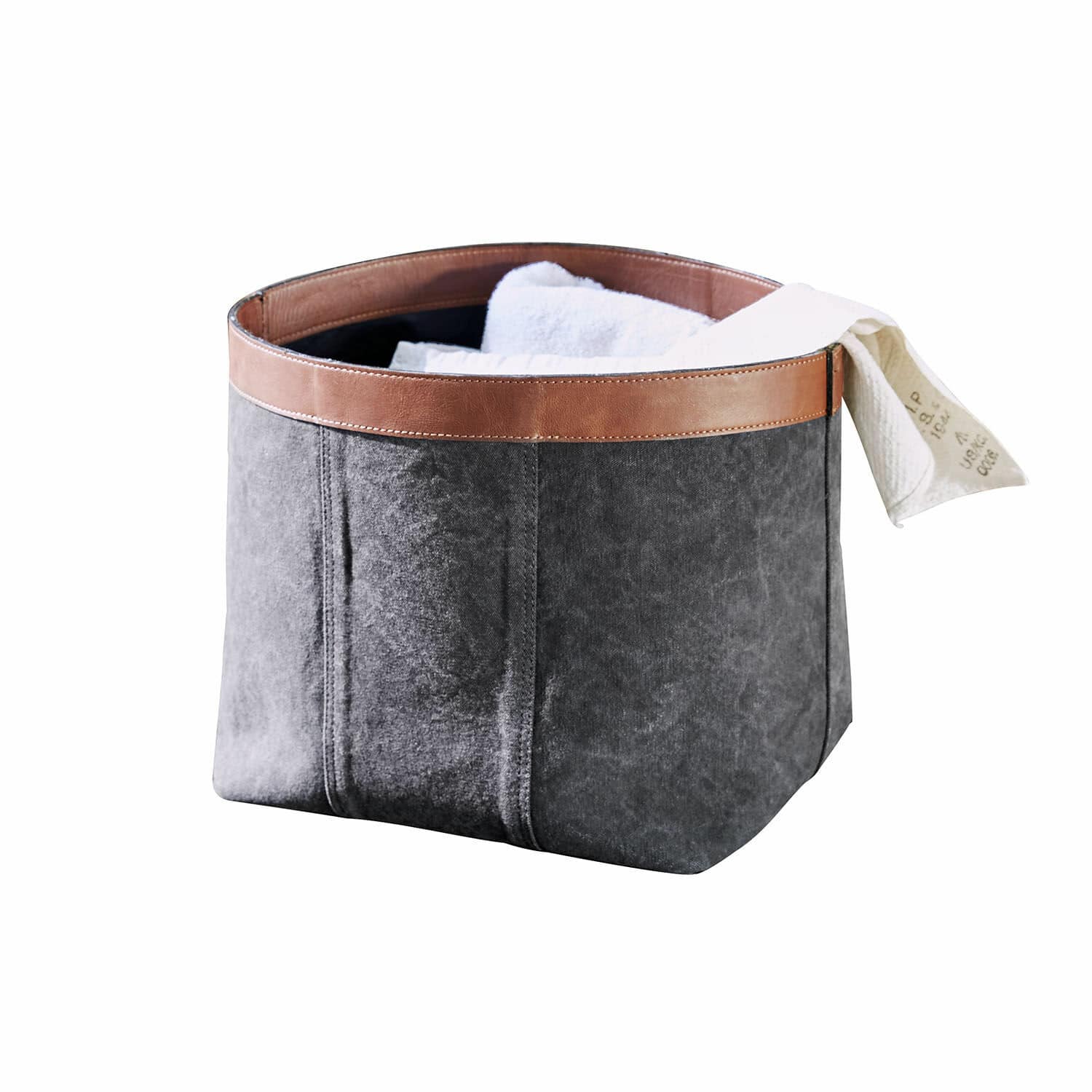 Corbeille Chansonet Sac en tissu gris avec bordure en cuir marron, parfait pour ranger serviettes et accessoires maison