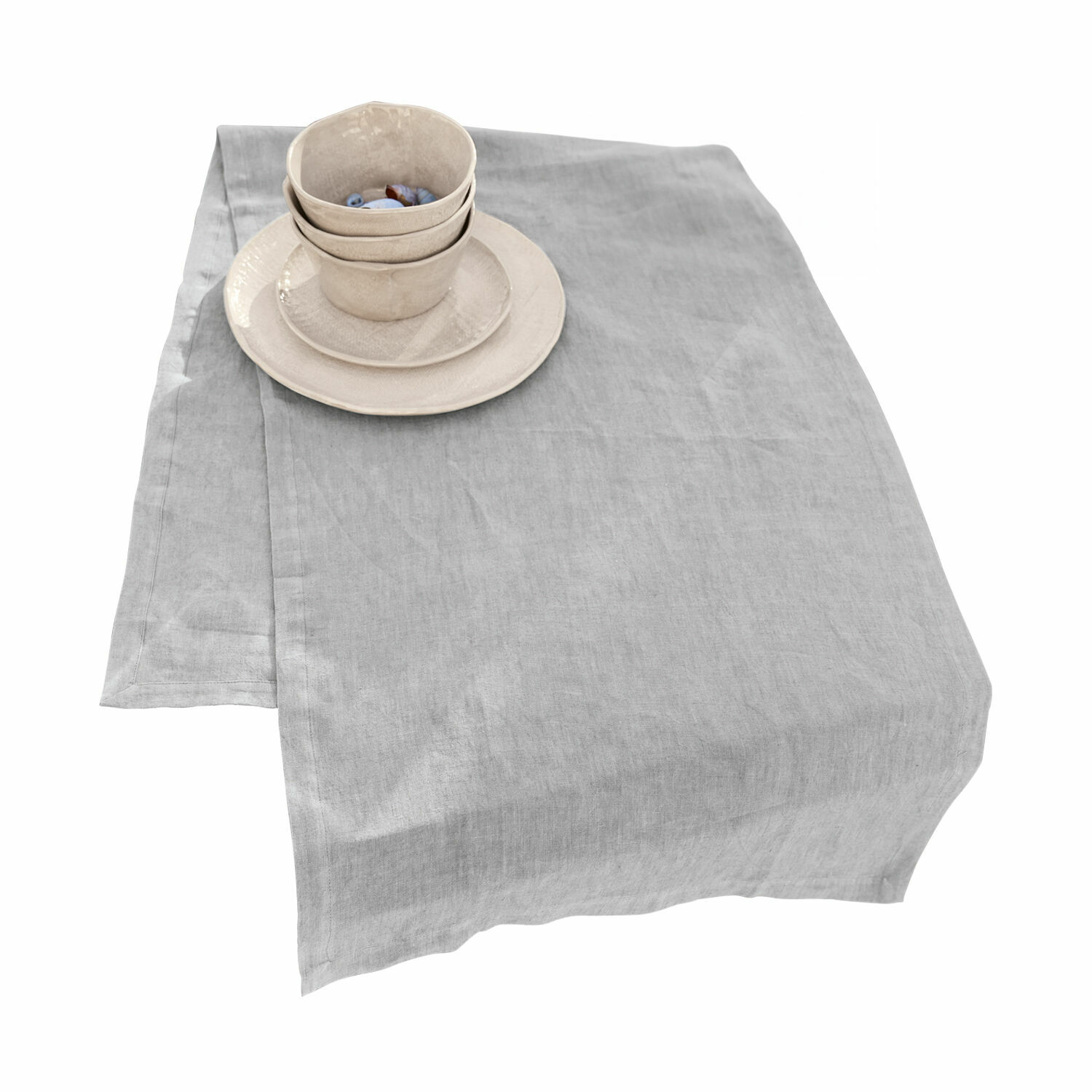 gris Chemin de table en lin gris avec vaisselle en céramique beige pour décoration