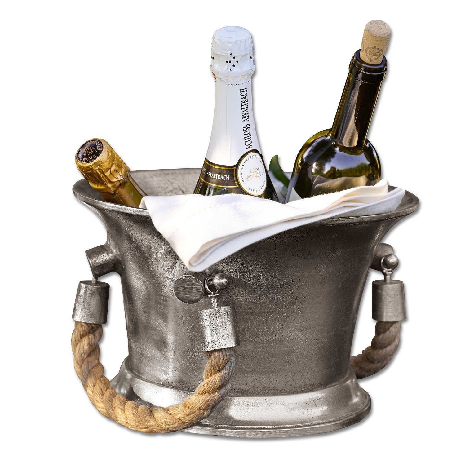 Seau à champagne Maxwell Seau à glace en métal avec corde et trois bouteilles de vin, serviette blanche posée dessus
