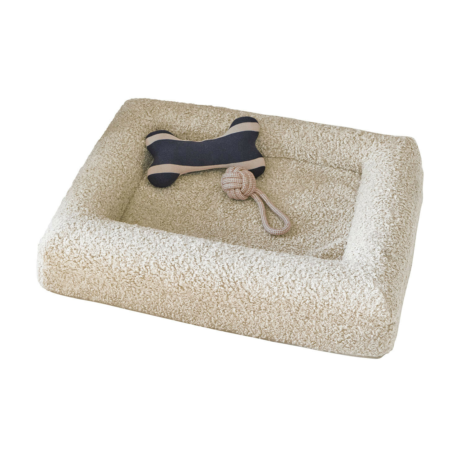 Lit pour animaux Khalima Panier pour chien beige en tissu pelucheux avec deux jouets à mâcher inclus
