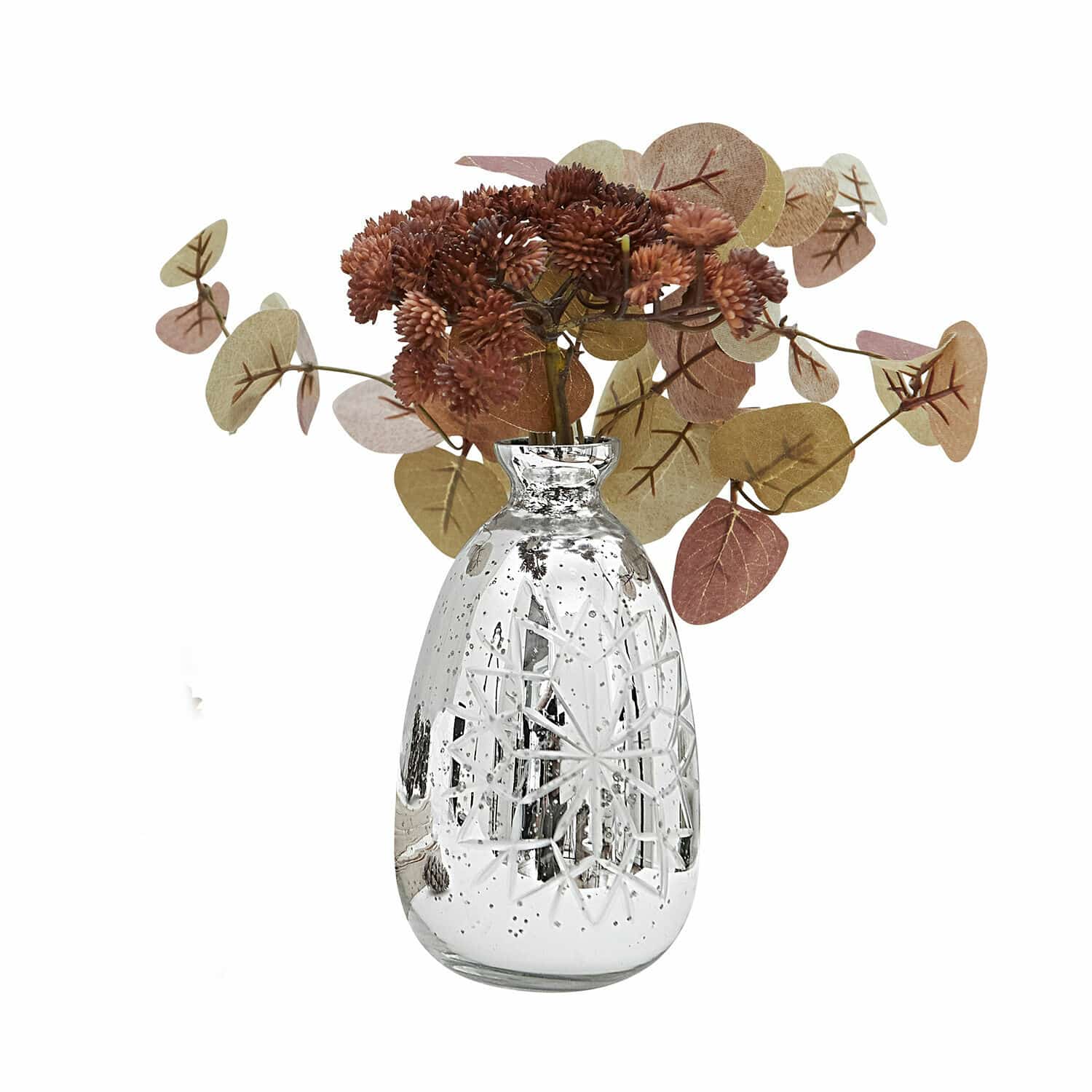 Vase Zorelie Vase en verre argenté gravé avec décoration florale séchée aux tons bruns pour décoration intérieure
