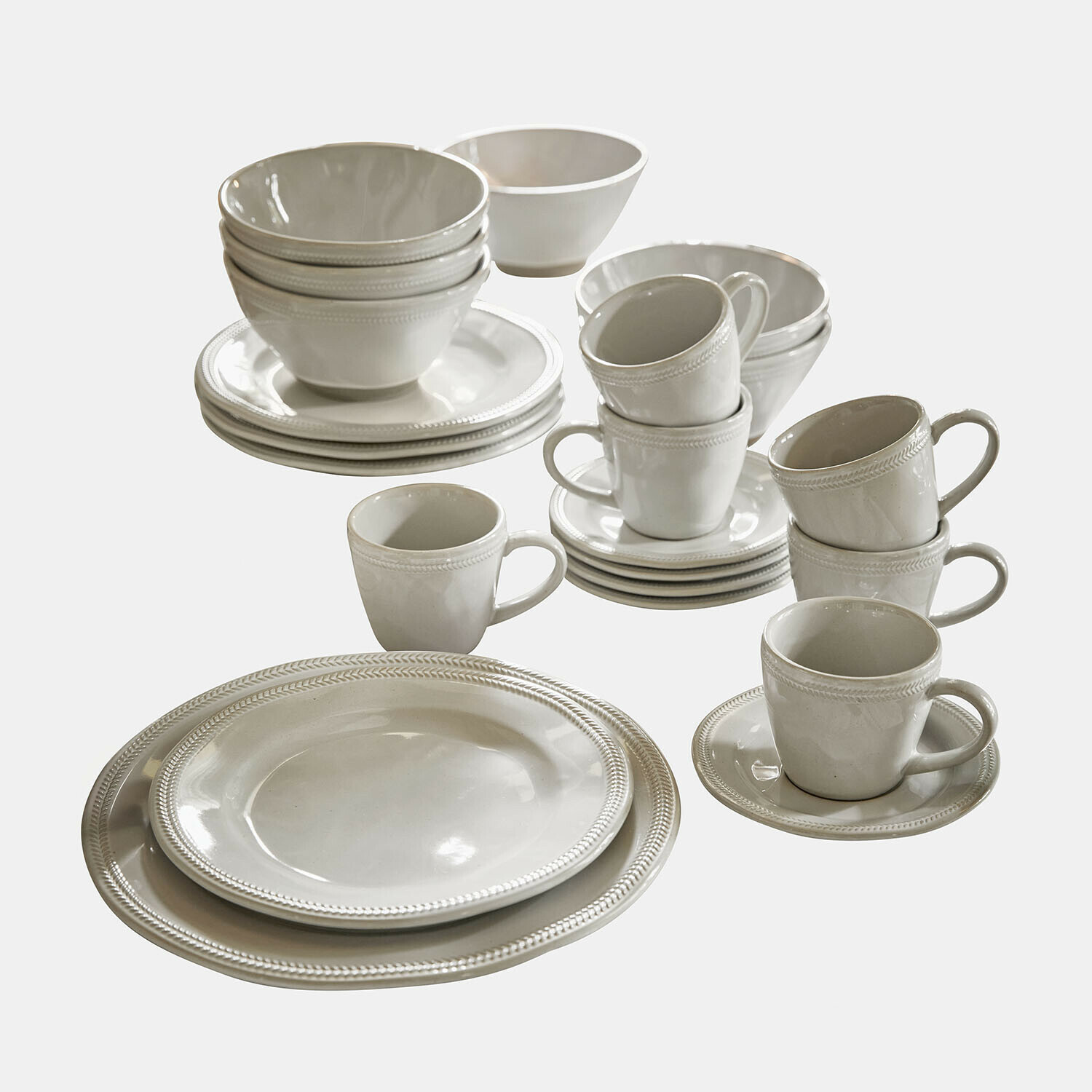 Service 30 pièces Norrvik Service de table en porcelaine blanche avec assiettes, tasses et bols ornés d'un motif délicat