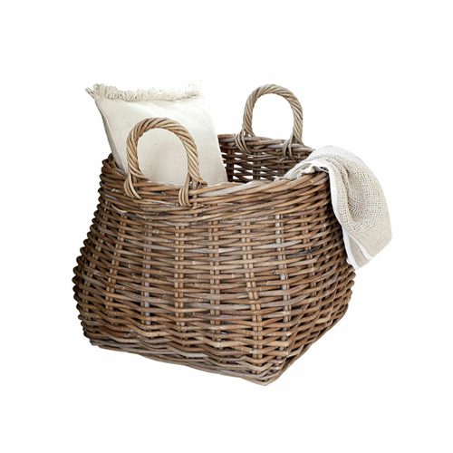 Grand panier en osier naturel avec poignées, coussin et couverture pour rangement pratique