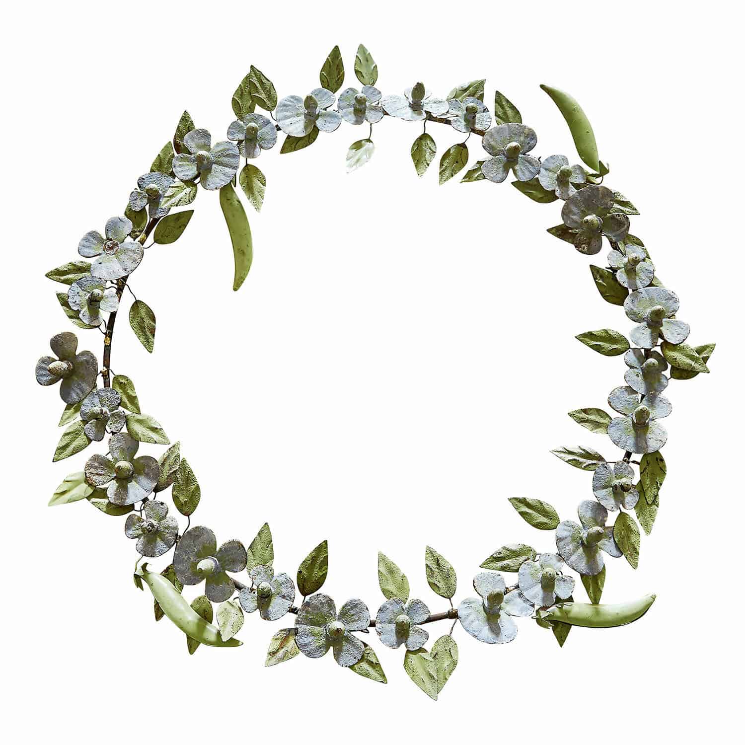 Couronne Cecilia Couronne décorative en métal avec feuilles vertes et fleurs blanches pour intérieur et jardin