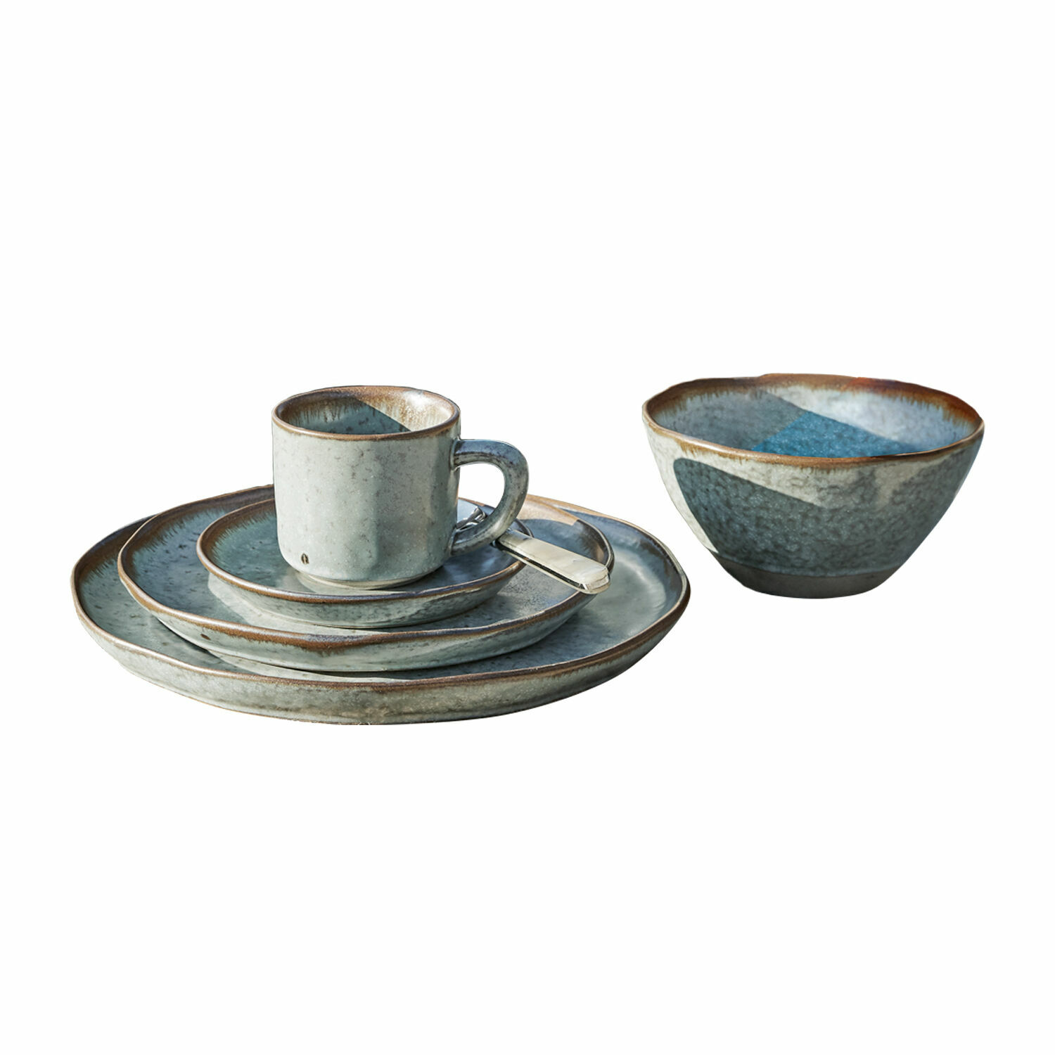 Service 30 pièces Biarré Service de vaisselle en céramique bleu-gris avec tasse, assiettes et bol assorti