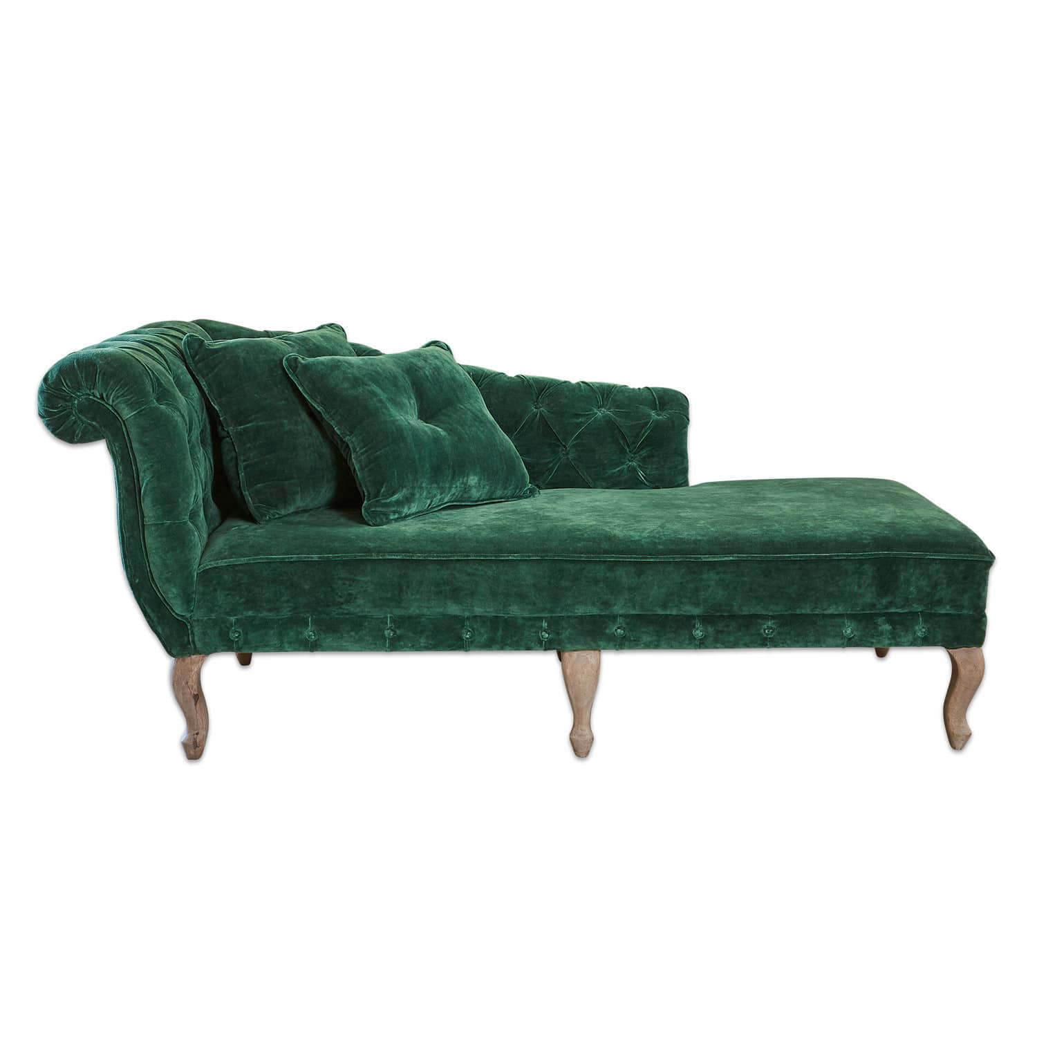 Méridienne Viviani Chaise longue en velours vert avec pieds en bois et dossier capitonné pour salon