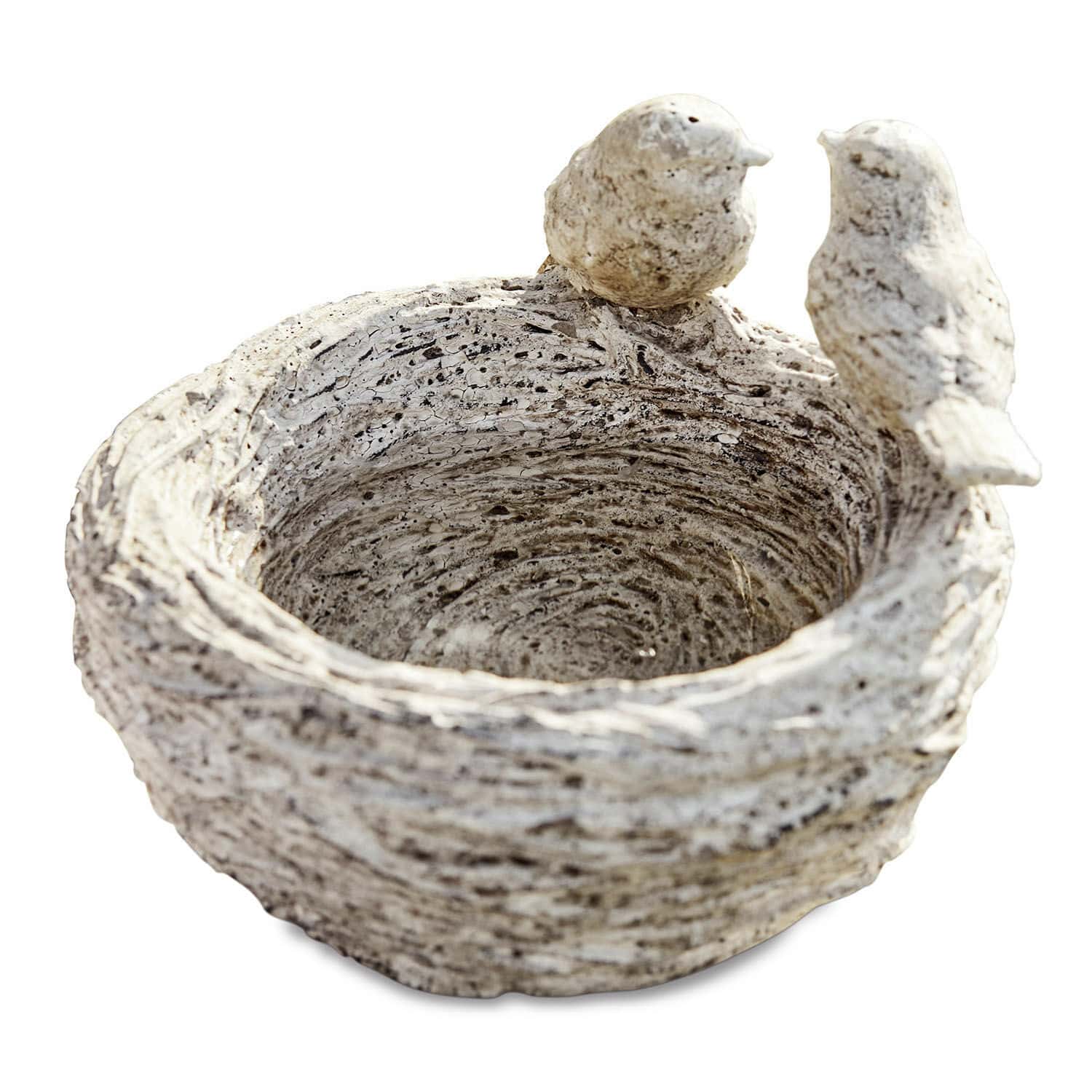 Abreuvoir à oiseaux Seydi Bol en résine gris avec deux oiseaux décoratifs sur le bord, accessoire de jardin élégant