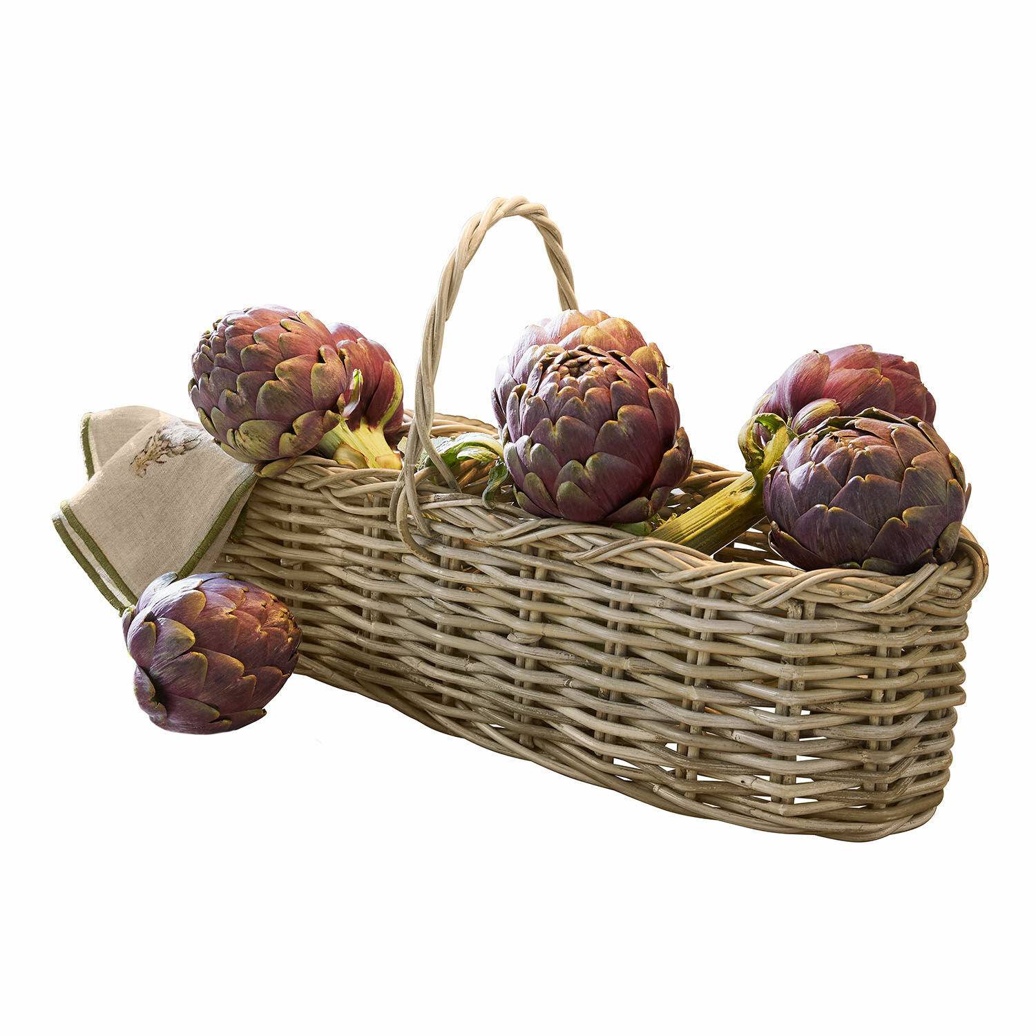 Panier Allegretta Panier en osier avec poignée rempli d'artichauts violets sur fond blanc, décoration de cuisine
