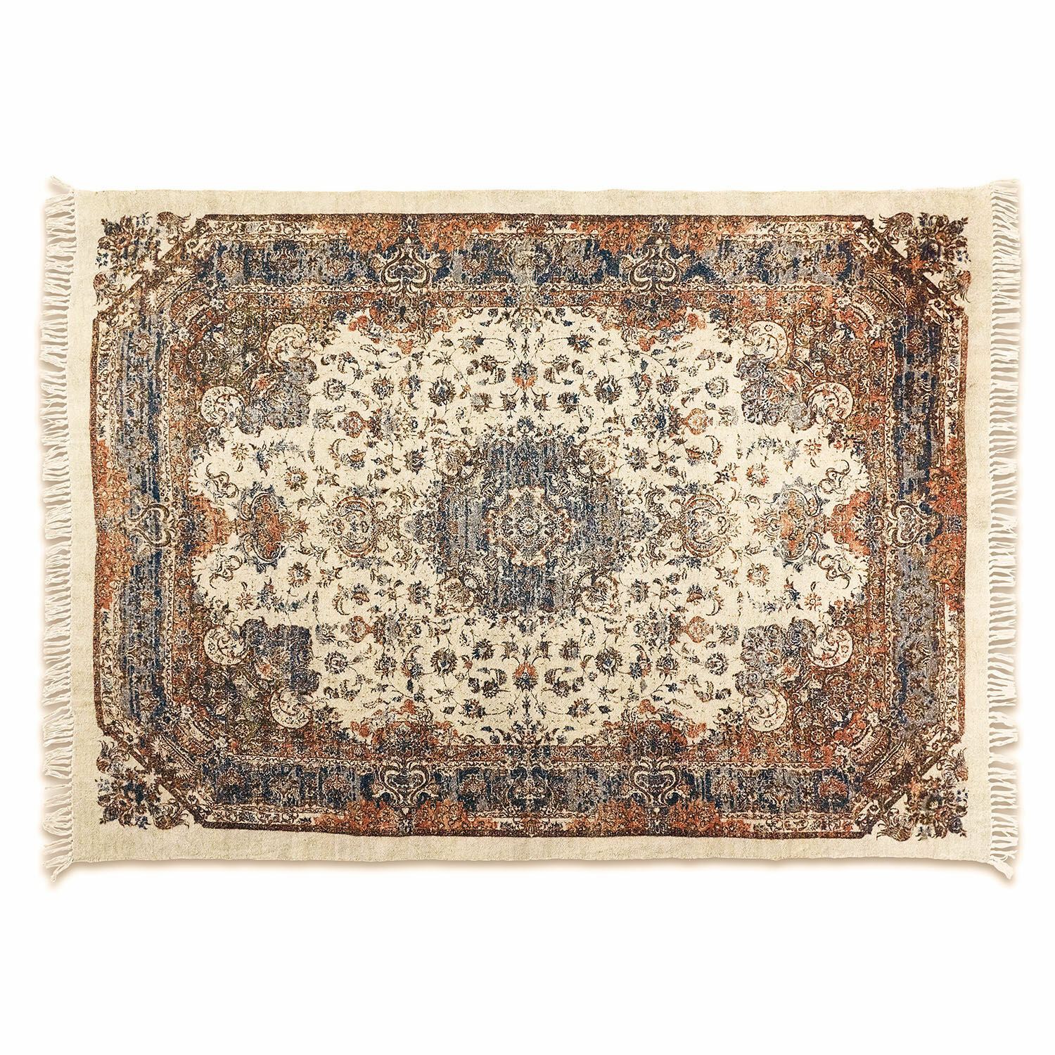 Tapis Aleixo Tapis en coton avec motif oriental beige, bleu et marron avec franges décoratives pour salon