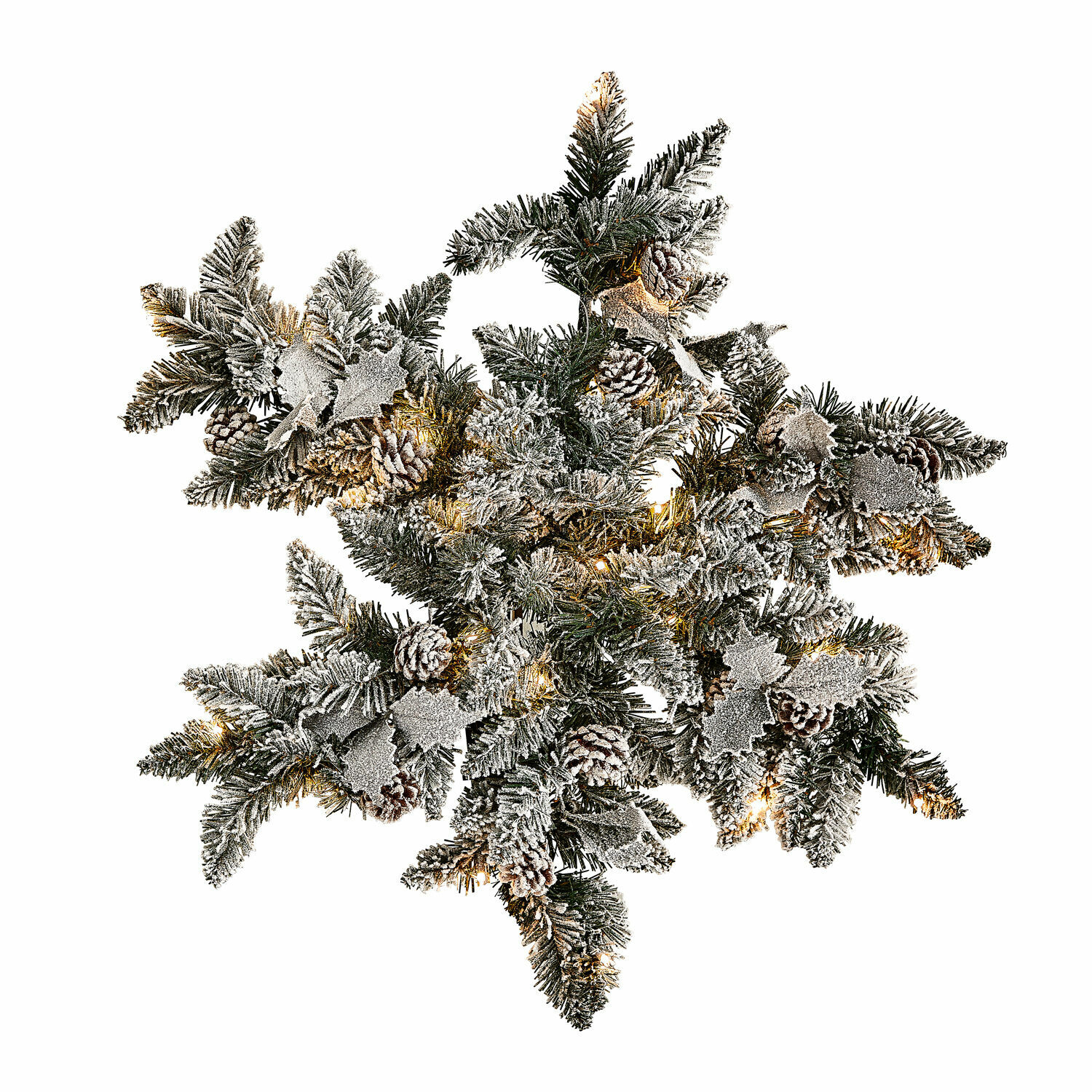 Flocon de neige à LED Azimara Décoration de Noël en branches vertes avec pommes de pin et feuilles argentées, éclairage LED intégré