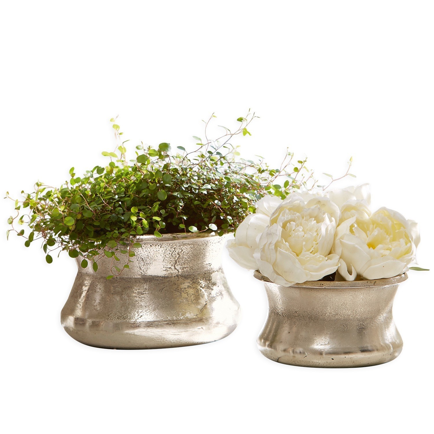 argenté vieilli Ensemble de 2 vases Riona en métal argenté antique, décoration élégante pour intérieur et jardin