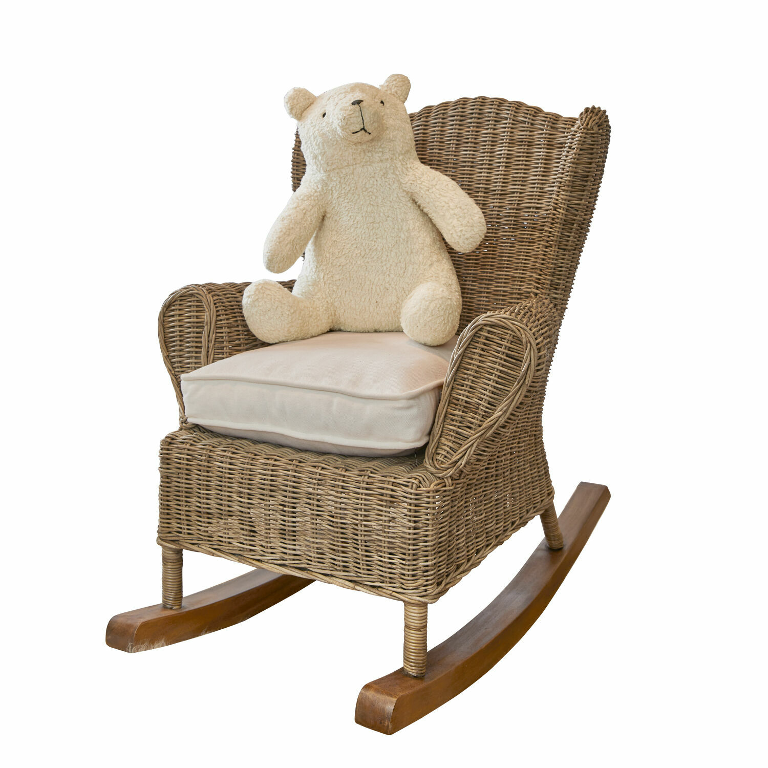 Fauteuil à bascule enfant Trésolia Fauteuil à bascule en rotin avec coussin beige et ours en peluche, matériau naturel et couleur