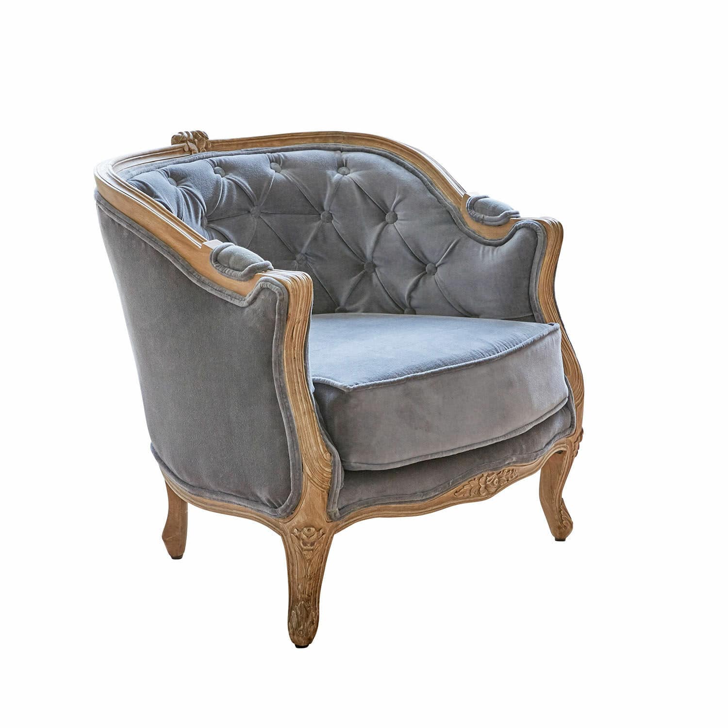Fauteuil Annezay Fauteuil en velours gris avec cadre en bois sculpté, meuble élégant de style vintage