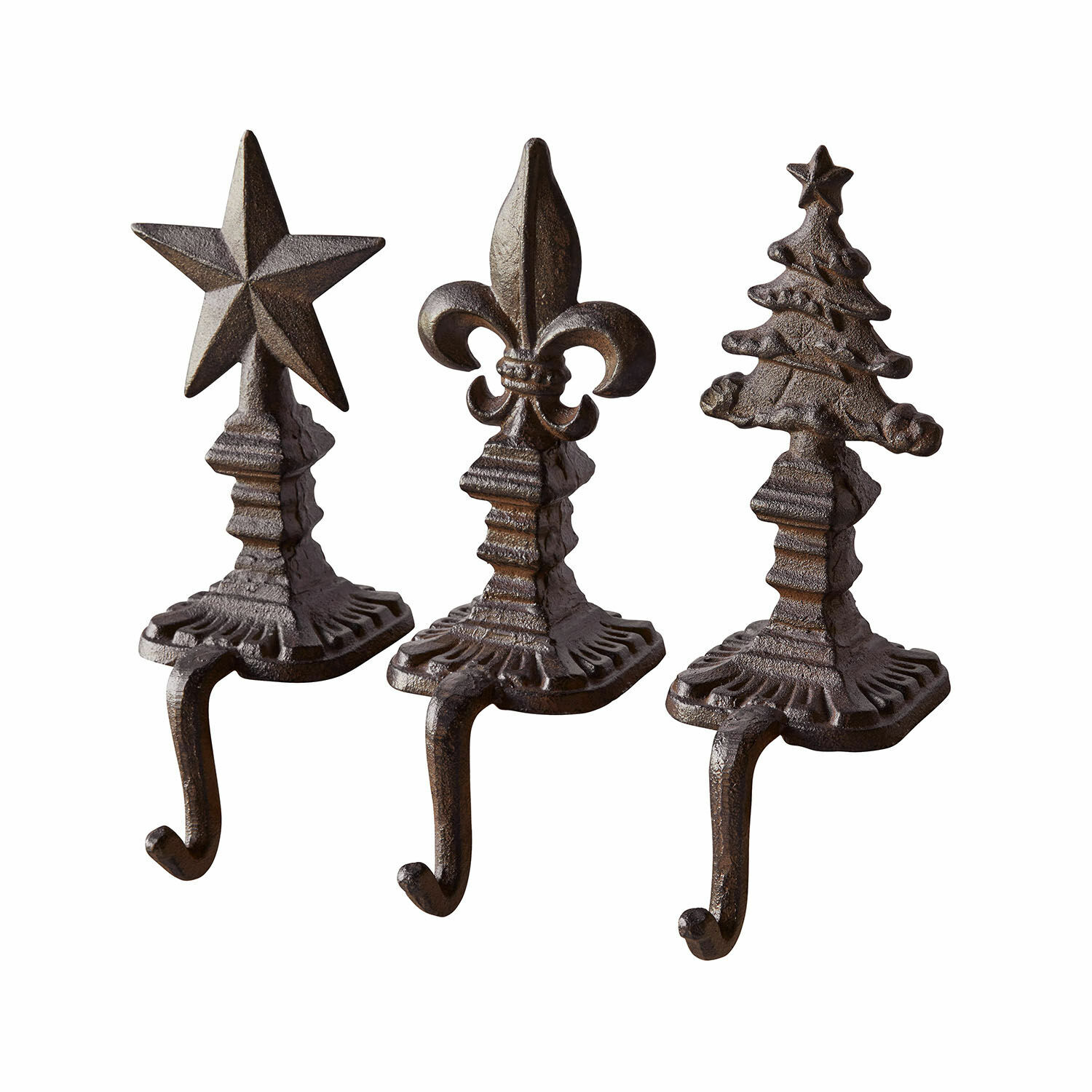 Lot de 3 crochets Lorencio Ensemble de trois crochets muraux en fonte avec motifs étoile, fleur de lys et sapin en brun foncé